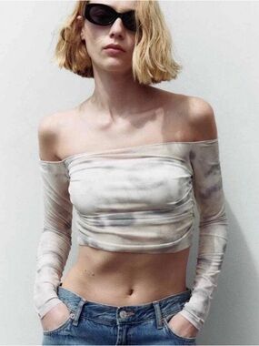 Zara Ruched Tulle Tie-Dye Off the Shoulder Top